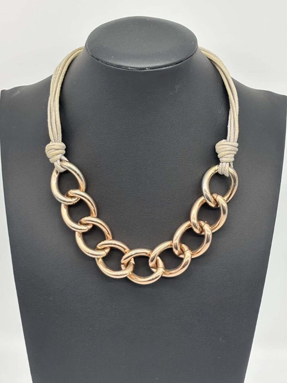 St. Thomas Necklace Chunky Large Rose Gold-Tone Curb Links Gray Cord, Adjustable - Picture 4 of 16